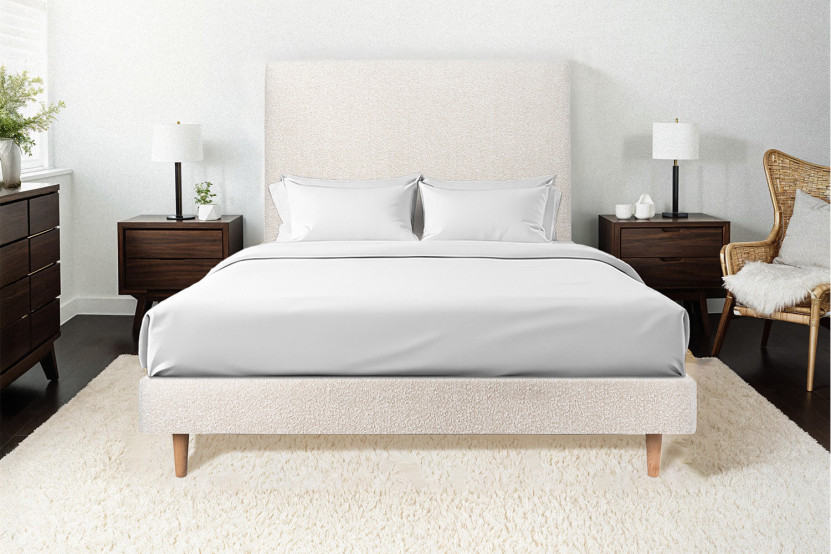 Lit 160x200 cm - Sommier tapissier H29 cm + tête de lit tapissée - Tissu Bouclette Beige Clair