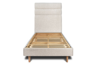 Lit 90x190 cm - Sommier à lattes H29 cm + tête de lit à lignes - Tissu Bouclette Beige Clair