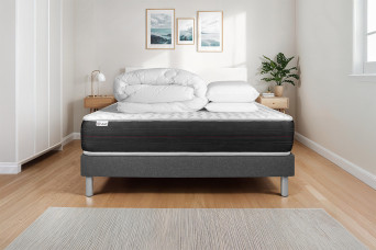 Pack lit complet 180x200 cm - Matelas + Sommier Gris (en kit) + 2 oreillers + Couette - Vitalspring