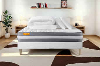 Pack lit complet 160x200 cm - Matelas + Sommier Blanc (en kit) + 2 oreillers + Couette - Memo Plus