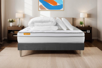 Pack lit complet 160x200 cm - Matelas + Sommier Gris (en kit) + 2 oreillers + Couette - Memo Luxe