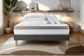 Pack lit complet 200x200 cm - Matelas + Sommier Gris (en kit) + 2 oreillers + Couette - Memo Zen