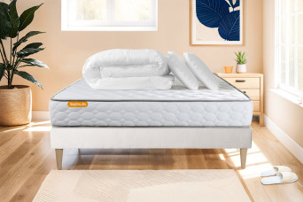 Pack lit complet 180x200 cm - Matelas + Sommier Blanc (en kit) + 2 oreillers + Couette - Memo