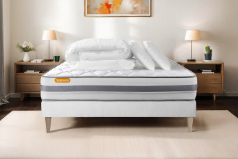 Pack lit complet 160x200 cm - Matelas + Sommier Blanc (en kit) + 2 oreillers + Couette - Memo Spring