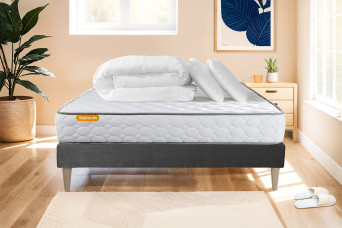 Pack lit complet 180x200 cm - Matelas + Sommier Gris (en kit) + 2 oreillers + Couette - Memo
