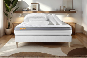 Pack lit complet 180x200 cm - Matelas + Sommier Blanc (en kit) + 2 oreillers + Couette - Memo Zen