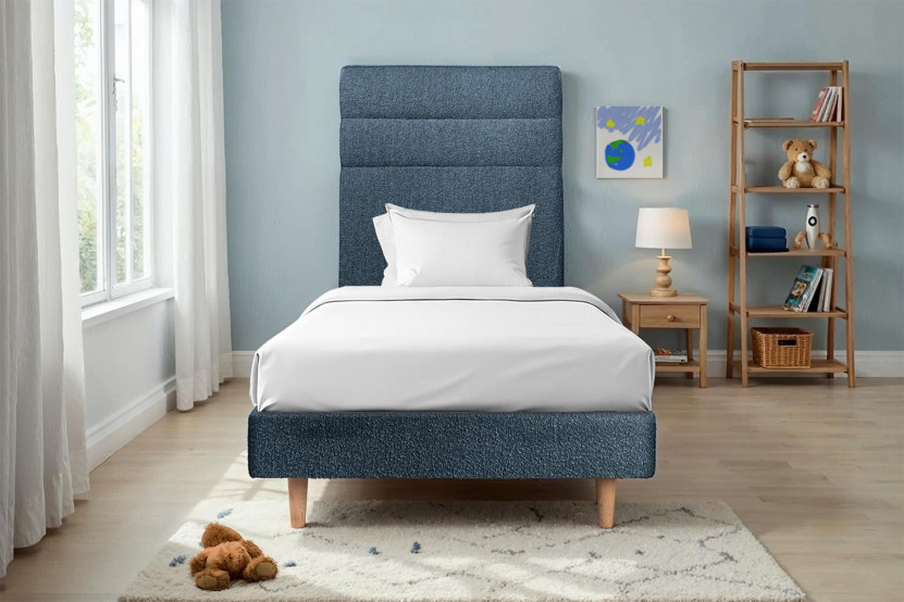 Lit 90x190 cm - Sommier à lattes H29 cm + tête de lit à lignes - Tissu Bouclette Bleu