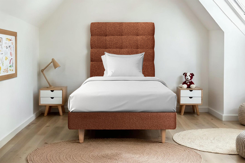 Lit 90x200 cm - Sommier tapissier H29 cm + tête de lit capitonnée - Tissu Bouclette Terracotta