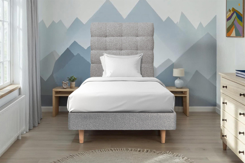 Lit 90x200 cm - Sommier tapissier H29 cm + tête de lit capitonnée - Tissu Bouclette Gris