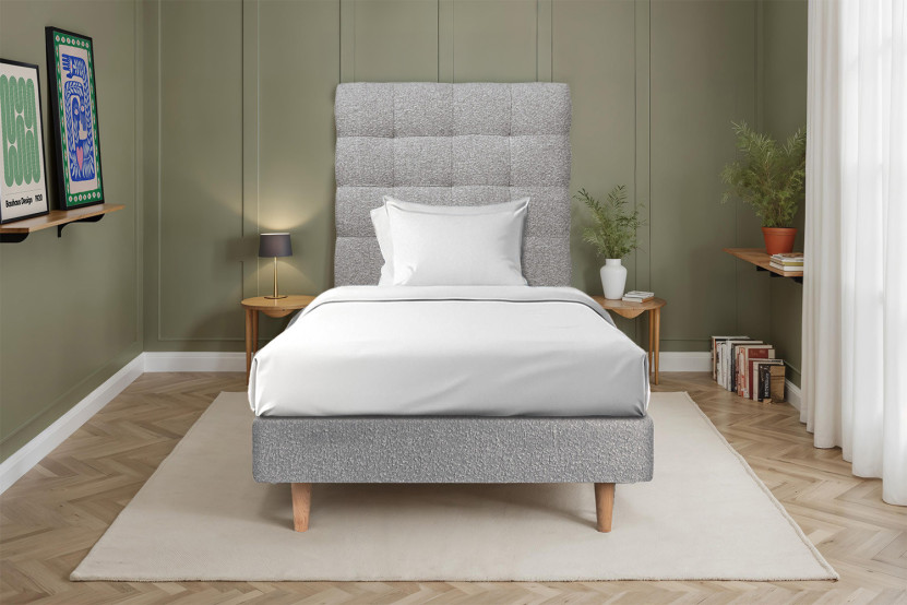 Lit 90x200 cm - Sommier à lattes H29 cm + tête de lit capitonnée - Tissu Bouclette Gris