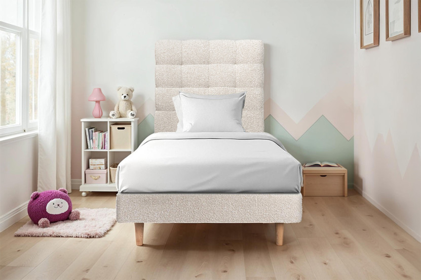 Lit 90x200 cm - Sommier tapissier H29 cm + tête de lit capitonnée - Tissu Bouclette Beige Clair