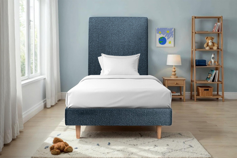 Lit 90x200 cm - Sommier à lattes H29 cm + tête de lit tapissée - Tissu Bouclette Bleu