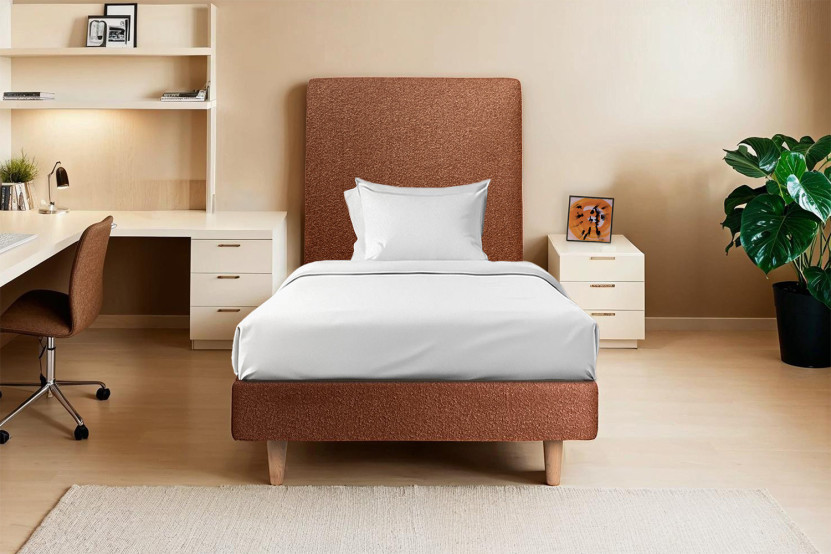 Lit 90x190 cm - Sommier à lattes H29 cm + tête de lit tapissée - Tissu Bouclette Terracotta