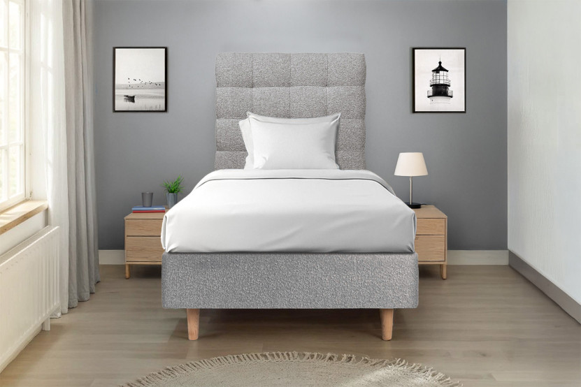 Lit 90x190 cm - Sommier tapissier H35 cm + tête de lit capitonnée - Tissu Bouclette Gris