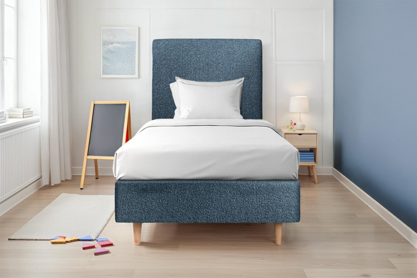 Lit 90x200 cm - Sommier tapissier H35 cm + tête de lit tapissée - Tissu Bouclette Bleu