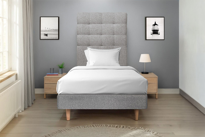 Lit 90x200 cm - Sommier tapissier H35 cm + tête de lit capitonnée - Tissu Bouclette Gris
