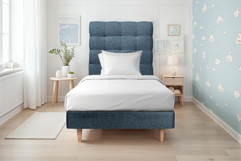 Lit 90x190 cm - Sommier tapissier H29 cm + tête de lit capitonnée - Tissu Bouclette Bleu