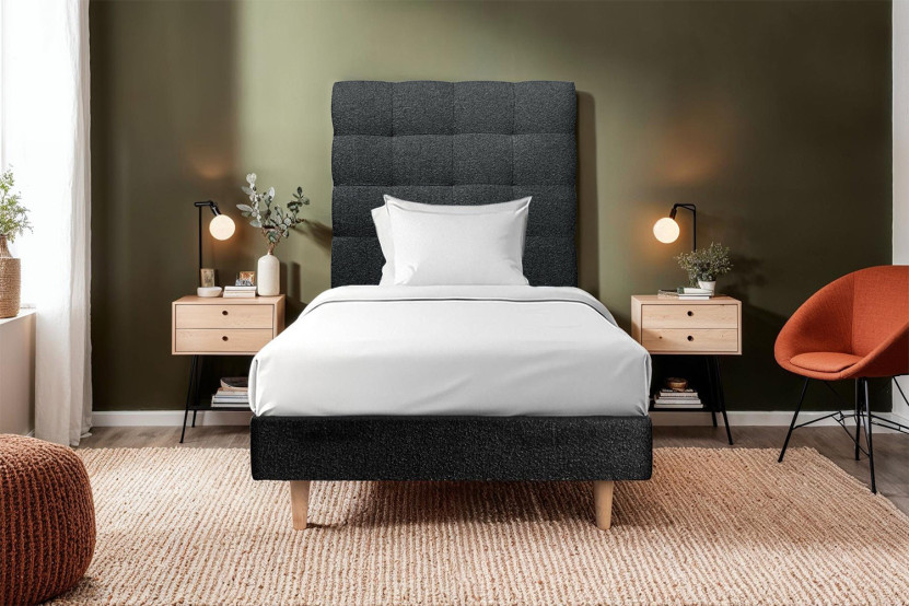 Lit 90x200 cm - Sommier tapissier H29 cm + tête de lit capitonnée - Tissu Bouclette Noir
