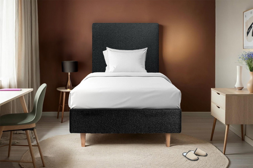 Lit 90x190 cm - Sommier tapissier H35 cm + tête de lit tapissée - Tissu Bouclette Noir