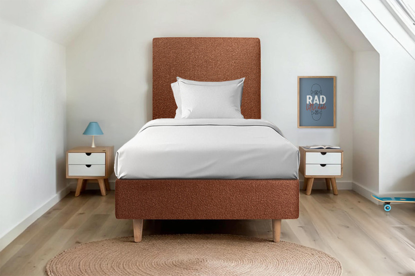 Lit 90x200 cm - Sommier tapissier H35 cm + tête de lit tapissée - Tissu Bouclette Terracotta