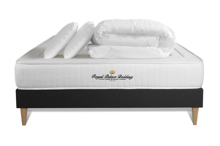 Pack lit complet 200x200 cm - Matelas + Sommier Noir (en kit) + 2 oreillers + Couette - Lancaster