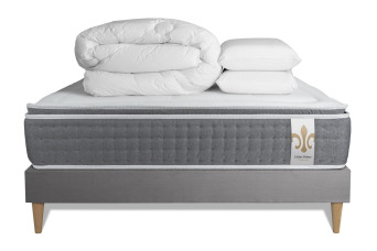 Pack lit complet 160x200 cm - Matelas + Sommier Gris + 2 oreillers + Couette - Vingt-Six PLUS