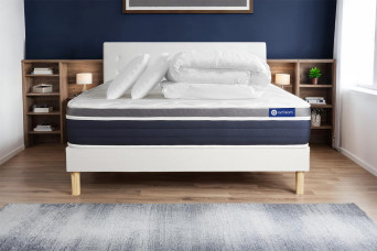 Pack lit complet 140x200 cm - Matelas + Sommier Blanc (en kit) + 2 oreillers + Couette - Actimemo Confort