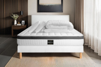 Pack lit complet 180x200 cm - Matelas + Sommier Blanc (en kit) + 2 oreillers + Couette - Supérieur