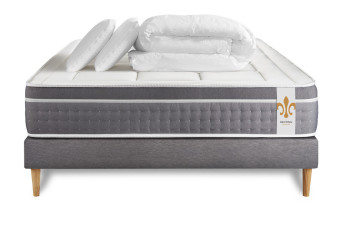 Pack lit complet 160x200 cm - Matelas + Sommier Gris (en kit) + 2 oreillers + Couette - Trente