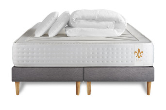 Pack lit complet 200x200 cm - Matelas + 2 Sommiers Gris + 2 oreillers + Couette - Vingt-Quatre