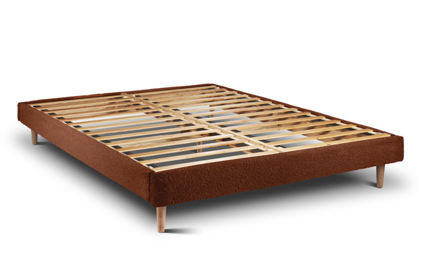 Lit 180x200 cm - Sommier à lattes H29 cm + tête de lit capitonnée - Tissu Bouclette Terracotta