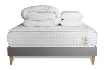 Pack lit complet 140x200 cm - Matelas + Sommier Gris + 2 oreillers + Couette - Vingt-Quatre PLUS