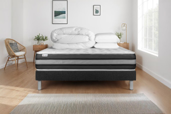 Pack lit complet 180x200 cm - Matelas + Sommier Noir (en kit) + 2 oreillers + Couette - Vitalspring Zen