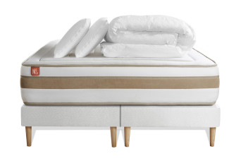 Pack lit complet 160x200 cm - Matelas + 2 Sommiers Blancs + 2 oreillers + Couette - Le Raffiné