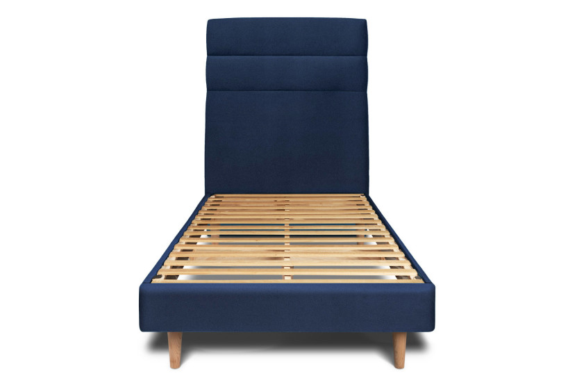 Lit 90x200 cm - Sommier à lattes H29 cm + tête de lit à lignes - Tissu Velours Bleu Océan