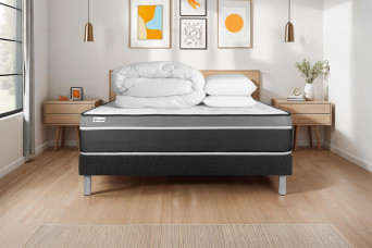 Pack lit complet 180x200 cm - Matelas + Sommier Noir (en kit) + 2 oreillers + Couette - Vital Care