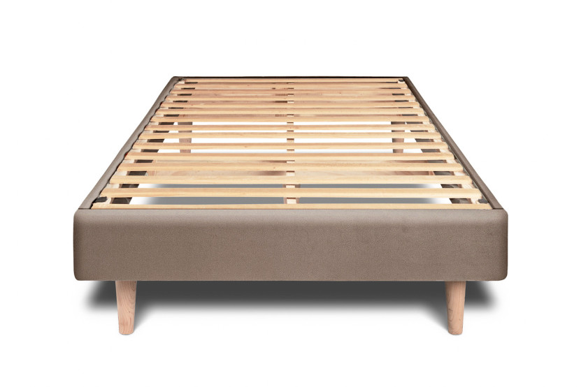 Lit 90x190 cm - Sommier à lattes H29 cm + tête de lit tapissée - Tissu Velours Taupe