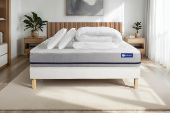Pack lit complet 200x200 cm - Matelas + Sommier Blanc (en kit) + 2 oreillers + Couette - Actimemo Soft