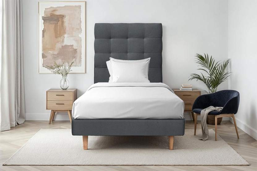 Lit 90x200 cm - Sommier à lattes H29 cm + tête de lit capitonnée - Tissu Velours Gris Anthracite