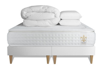 Pack lit complet 200x200 cm - Matelas + 2 Sommiers Blancs + 2 oreillers + Couette - Vingt-Quatre PLUS