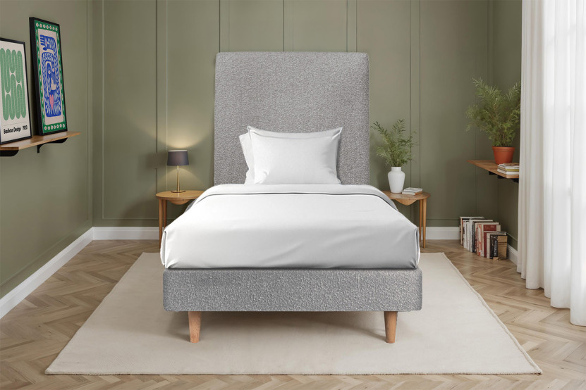 Lit 90x200 cm - Sommier à lattes H29 cm + tête de lit tapissée - Tissu Bouclette Gris