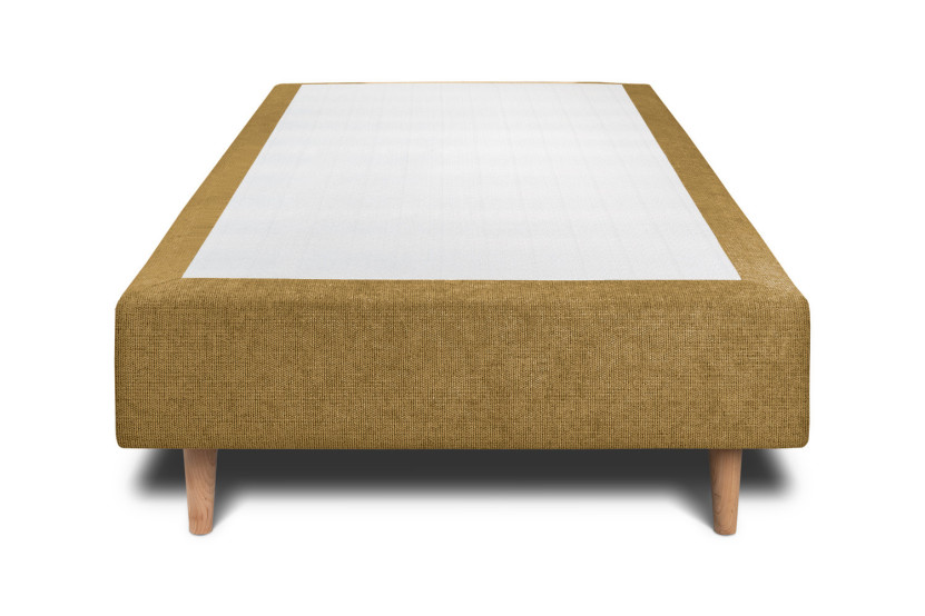 Lit 90x200 cm - Sommier tapissier H35 cm + tête de lit tapissée - Tissu Toile natté Jaune