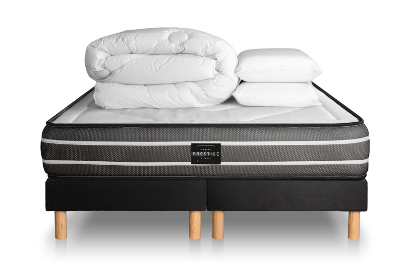 Pack lit complet 180x200 cm - Matelas + 2 Sommiers Noirs + 2 oreillers + Couette - Exclusive
