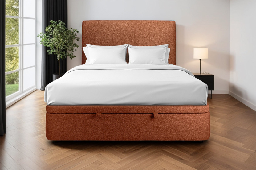 Lit coffre 180x200 cm avec Tête de lit tapissée - Tissu Bouclette Terracotta