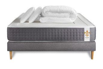 Pack lit complet 180x200 cm - Matelas + Sommier Gris (en kit) + 2 oreillers + Couette - Vingt-Six