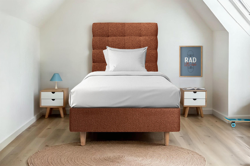 Lit 90x200 cm - Sommier tapissier H35 cm + tête de lit capitonnée - Tissu Bouclette Terracotta