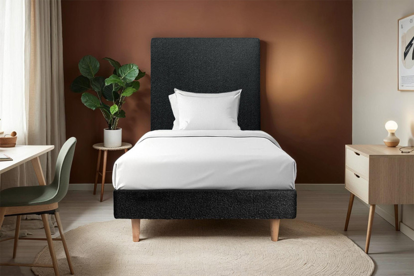 Lit 90x200 cm - Sommier à lattes H29 cm + tête de lit tapissée - Tissu Bouclette Noir