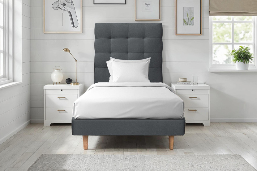 Lit 90x200 cm - Sommier tapissier H29 cm + tête de lit capitonnée - Tissu Velours Gris Anthracite