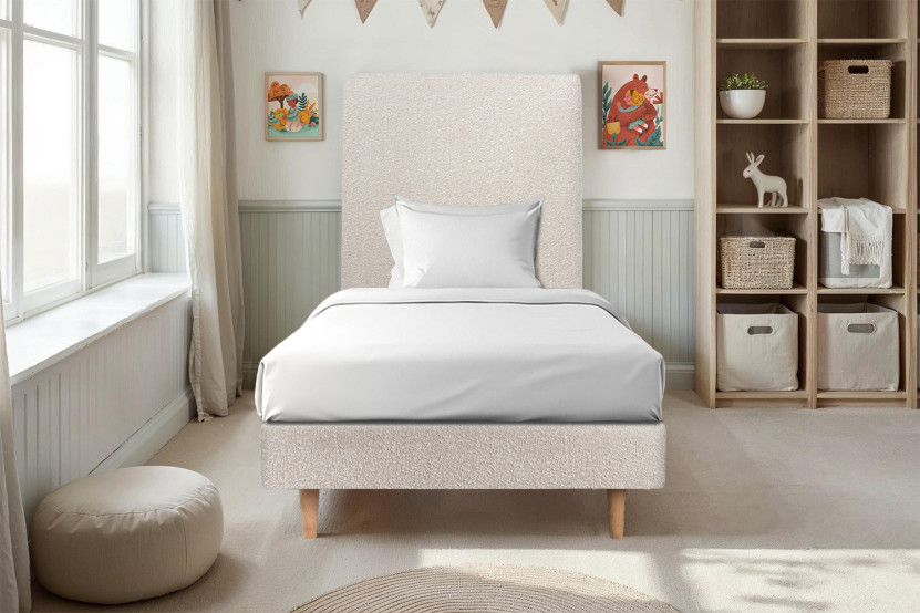 Lit 90x200 cm - Sommier à lattes H29 cm + tête de lit tapissée - Tissu Bouclette Beige Clair