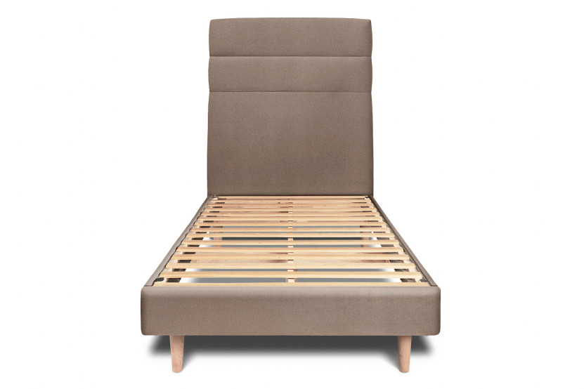 Lit 90x200 cm - Sommier à lattes H29 cm + tête de lit à lignes - Tissu Velours Taupe